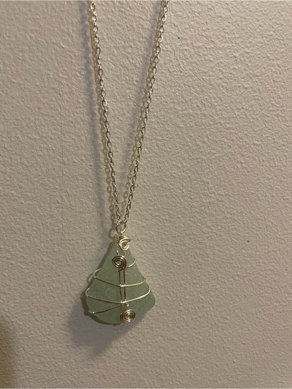 Silver Wire-Wrapped Light Green Sea Glass Pendant Necklace - Women Jewelry